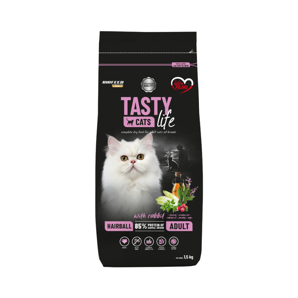 Karma dla kotów Tasty Cats Life HAIRBALL z królikiem 1,5 kg