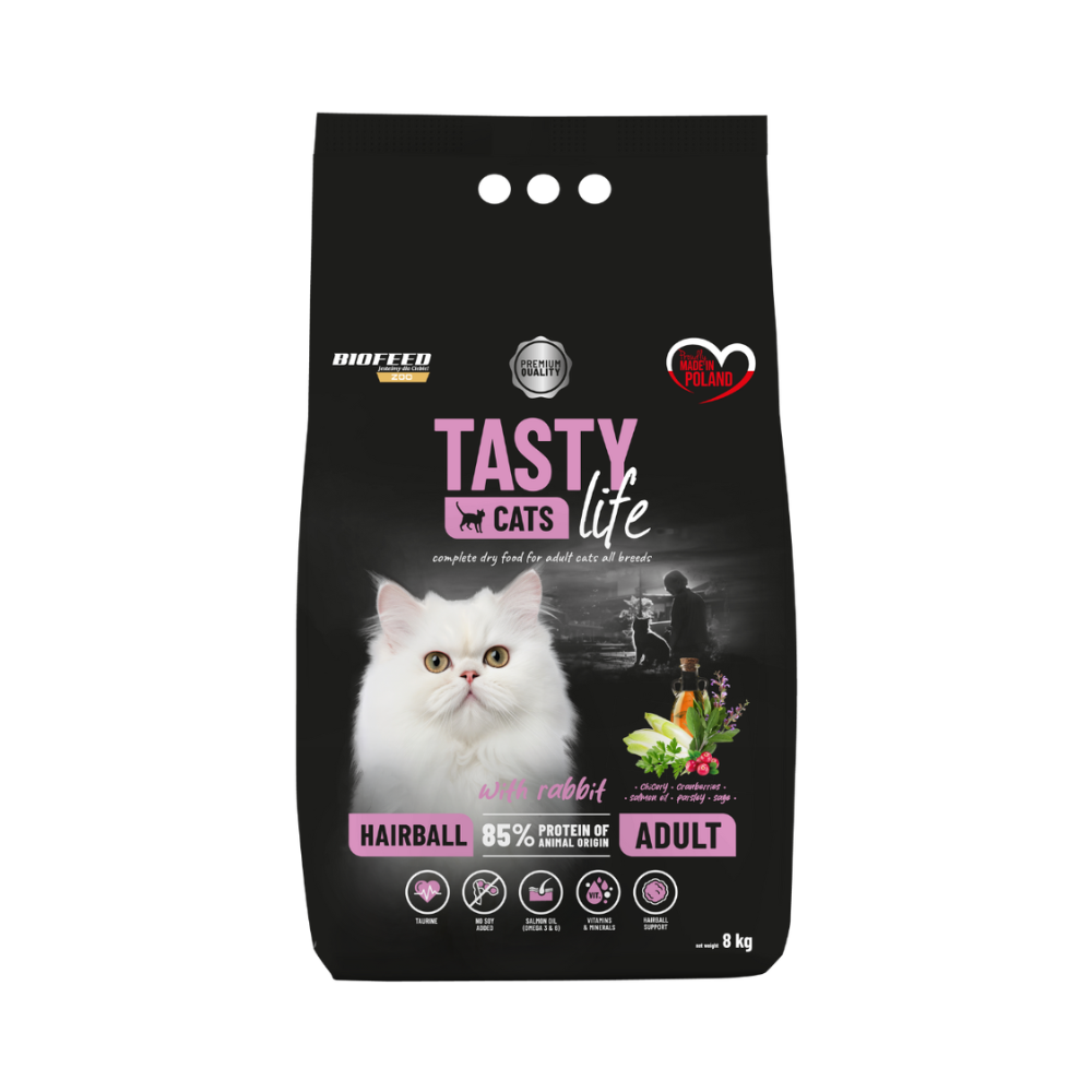 Karma dla kotów Tasty Cats Life HAIRBALL z królikiem 8 kg