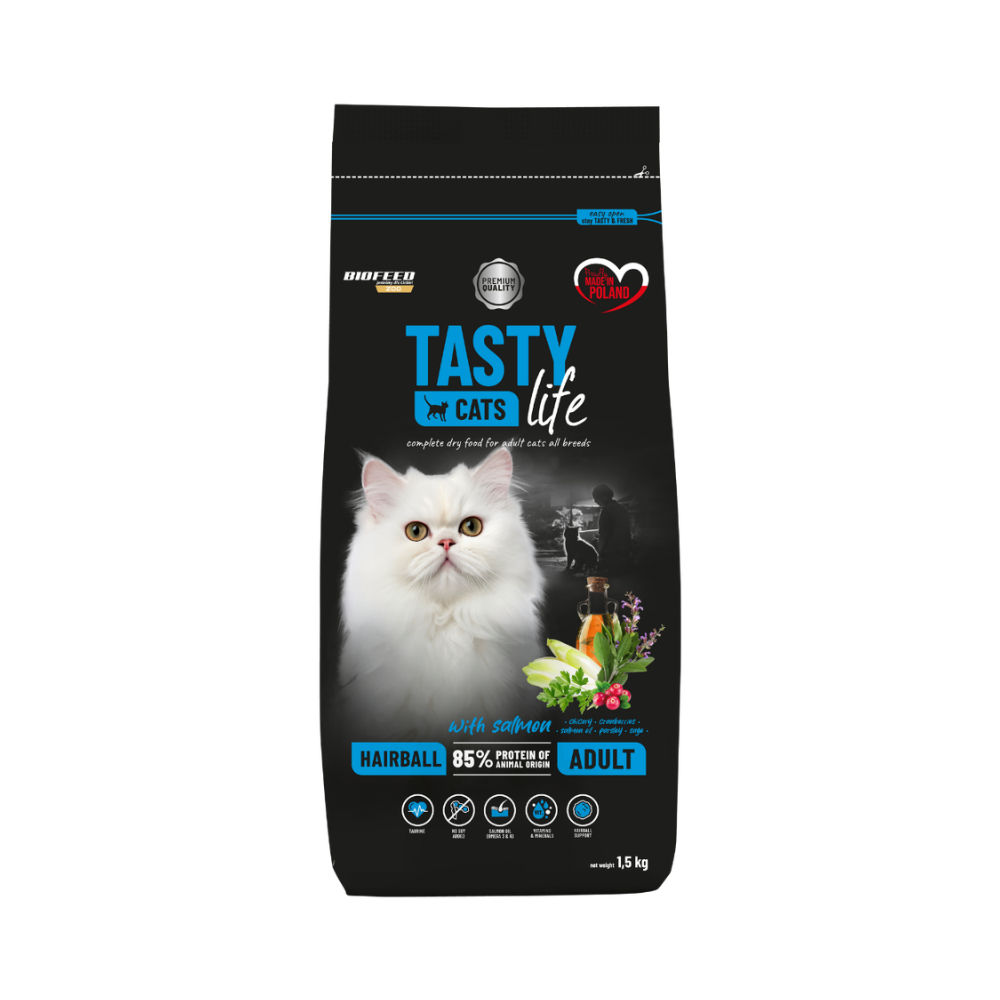 Karma dla kotów Tasty Cats Life HAIRBALL z łososiem 1,5 kg