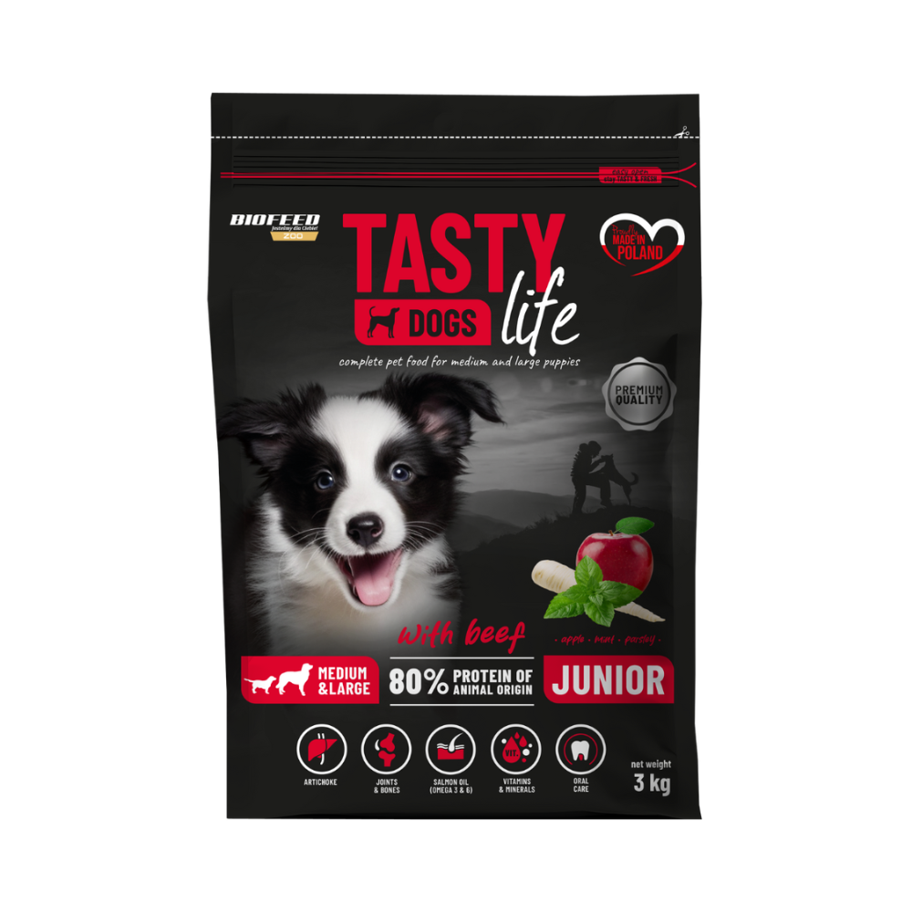 Karma dla szczeniąt Tasty Dogs Life z wołowiną 3 kg (średnie i duże rasy)