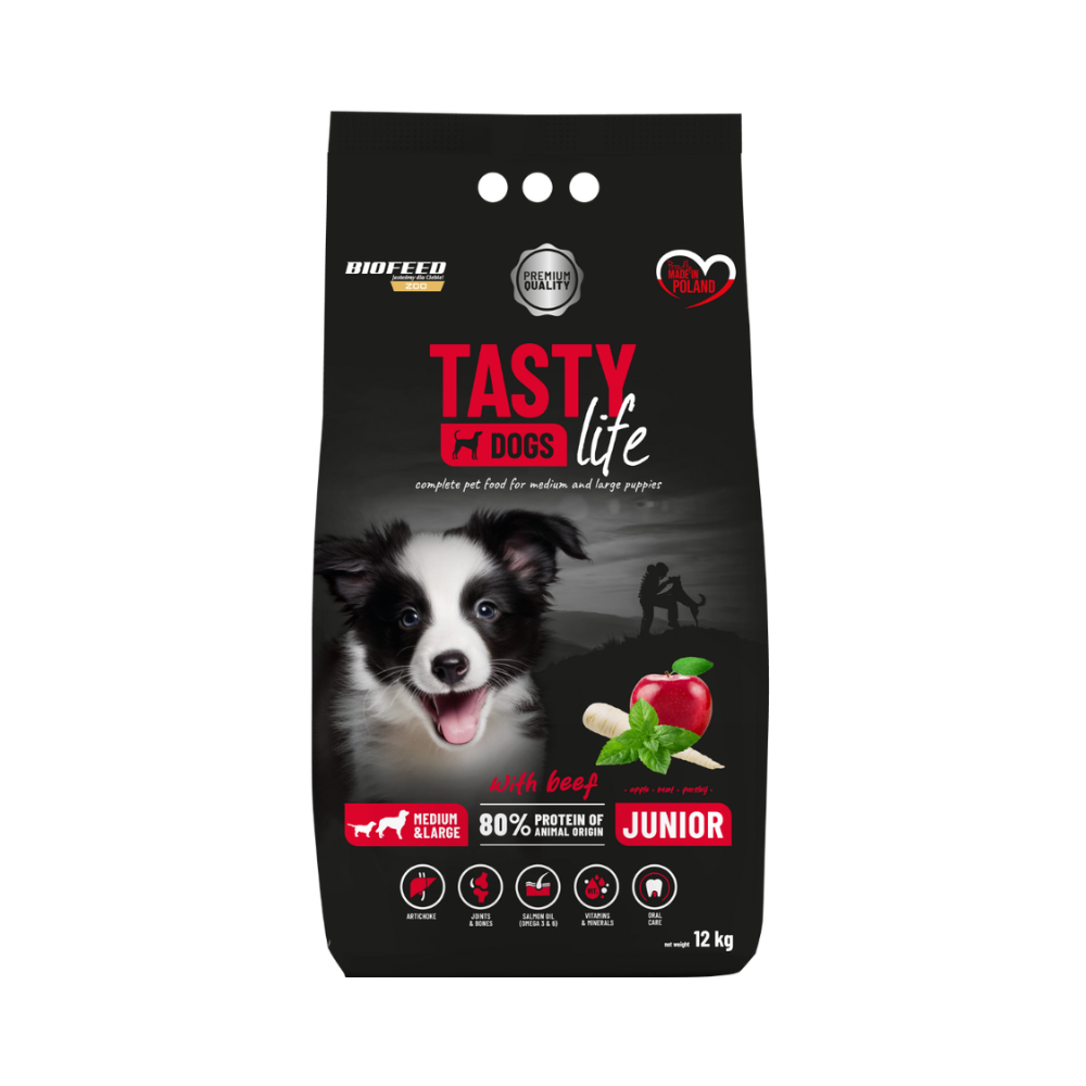 Karma dla szczeniąt Tasty Dogs Life z wołowiną 12 kg (średnie i duże rasy)