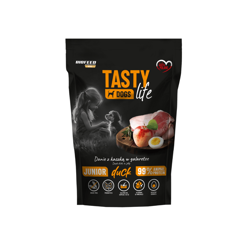 Mokra karma dla szczeniąt Tasty Dogs Life KACZKA 90% - danie w galaretce (saszetka) 500 g
