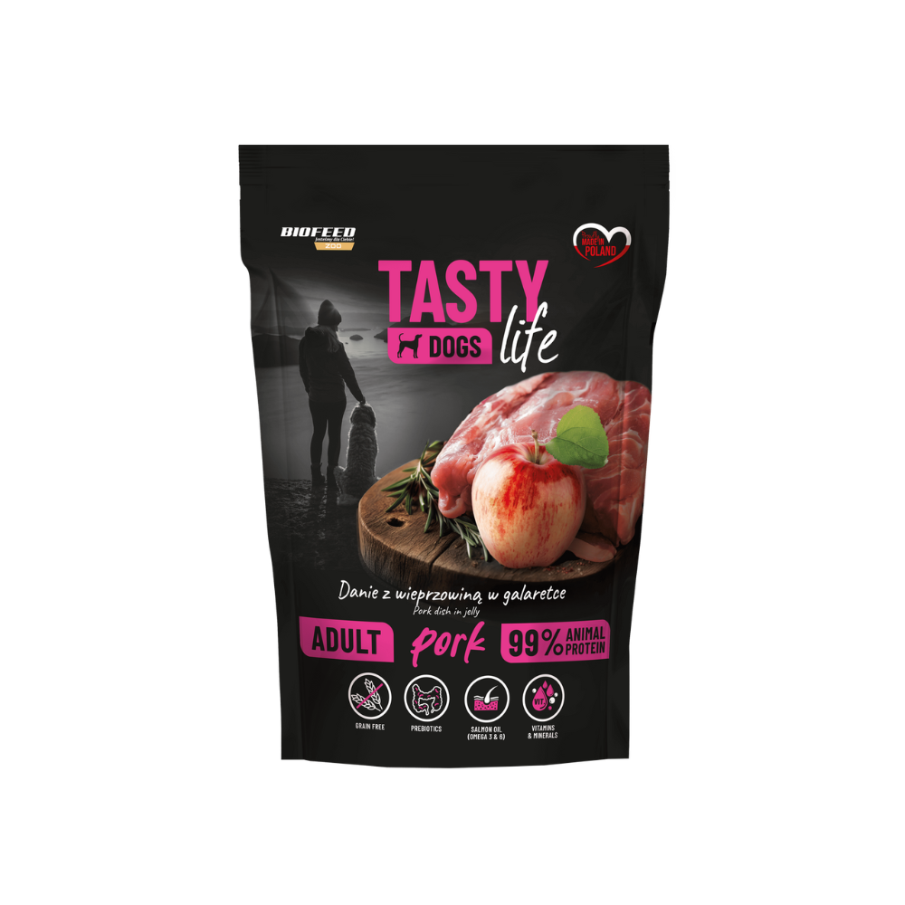 Mokra karma dla psów Tasty Dogs Life WIEPRZOWINA 90% - danie w galaretce (saszetka) 500 g