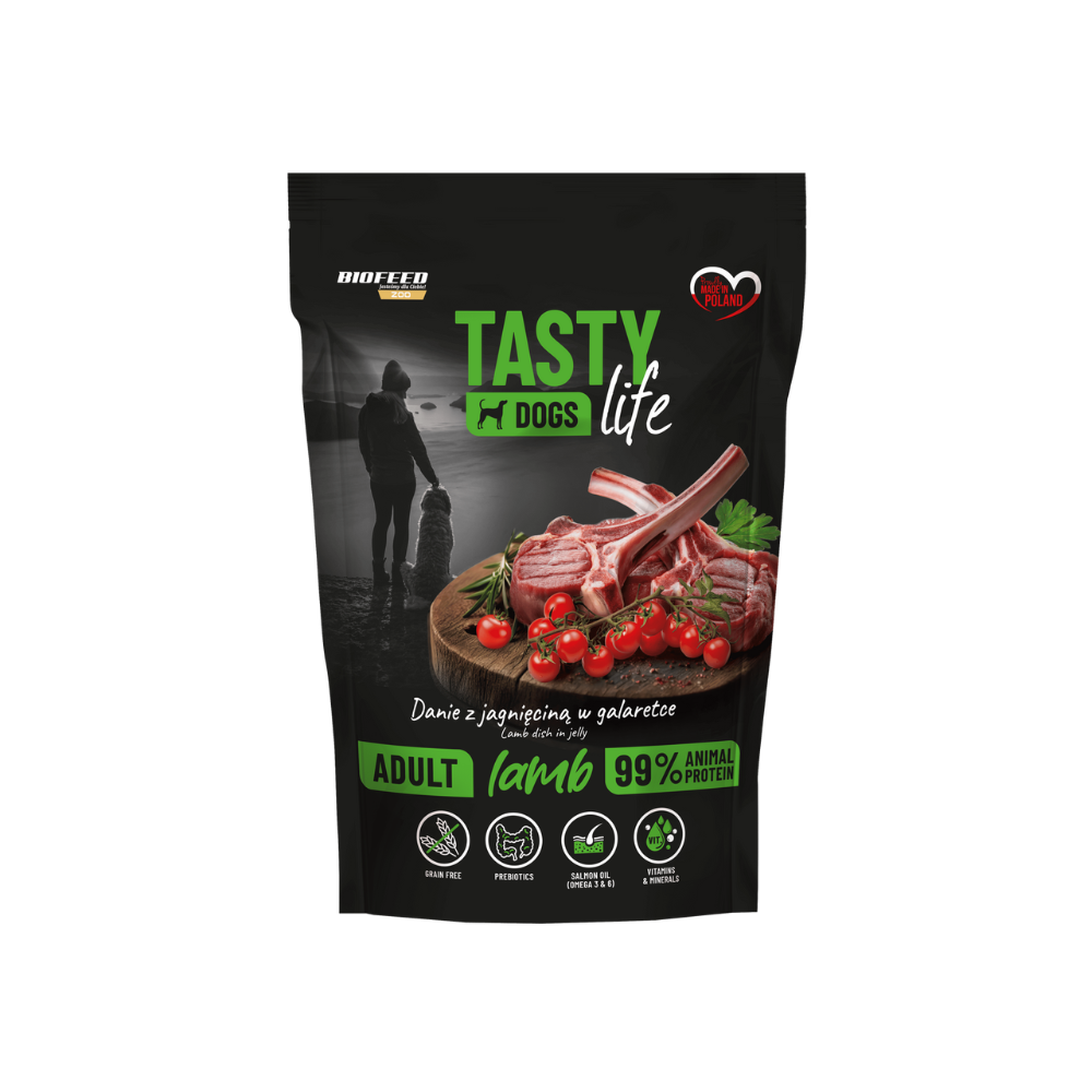 Mokra karma dla psów Tasty Dogs Life JAGNIĘCINA 90% - danie w galaretce (saszetka) 500 g